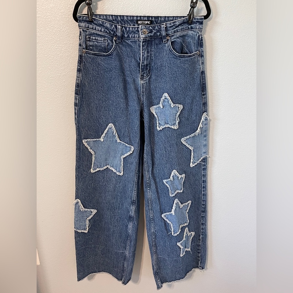 Hot Topic Star Patch Wide Leg Jeans Y2K Grunge Denim Raw Hem Baggy Pants Size 7